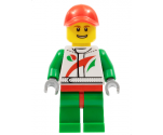 Race Car Mechanic, White Race Suit with Octan Logo, Red Cap with Hole, Brown Eyebrows, Thin Grin with Teeth
