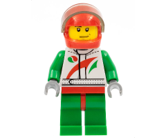 Race Car Driver, White Race Suit with Octan Logo, Red Helmet with Trans-Black Visor, Smirk and Stubble Beard