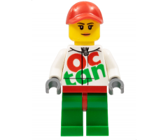 Race Car Female Mechanic, White Octan Race Suit with Silver Zipper, Red Cap with Hole, Peach Lips