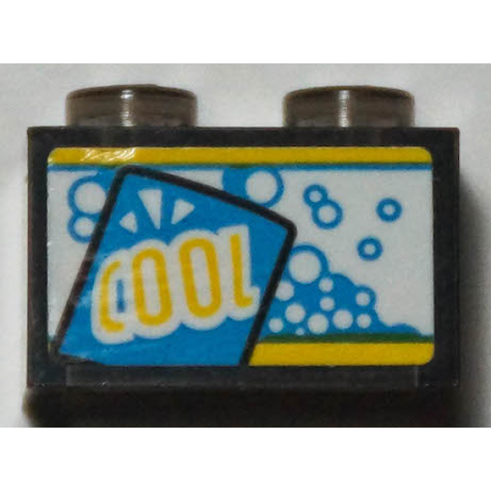 Brick 1 x 2 without Bottom Tube with Dark Azure Bubbles and Yellow 'COOL' Pattern (Sticker) - Set 70422
