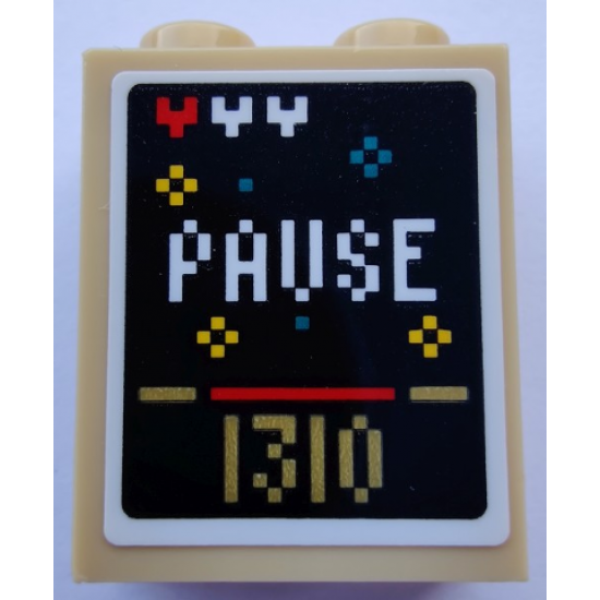 Brick 1 x 2 x 2 with Inside Stud Holder with Pixelated Video Game Screen with 'PAUSE' and '1310' Pattern (Sticker) - Set 80012