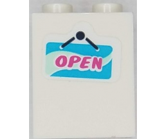 Brick 1 x 2 x 2 with Inside Stud Holder with Dark Pink 'OPEN' on Medium Azure and Light Aqua Sign Pattern (Sticker) - Set 41430