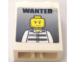 Brick 1 x 2 x 2 with Inside Axle Holder with 'WANTED' and Jail Prisoner Minifigure Pattern (Sticker) - Set 7288