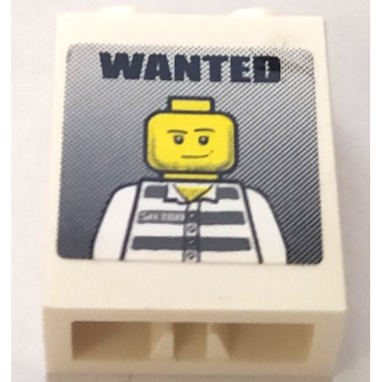 Brick 1 x 2 x 2 with Inside Axle Holder with 'WANTED' and Jail Prisoner Minifigure Pattern (Sticker) - Set 7288
