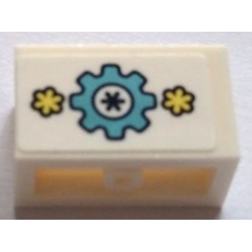 Panel 1 x 2 x 1 White with Rounded Corners and 2 Sides with Metallic Light Blue Gear and Bright Light Yellow Flowers Pattern (Sticker) - Set 41329