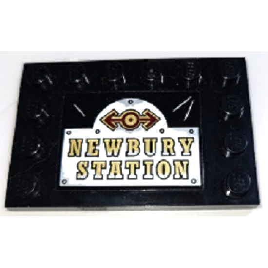 Tile, Modified 4 x 6 with Studs on Edges with Dark Red and Gold Train Logo and 'NEWBURY STATION' Pattern (Sticker) - Set 70424