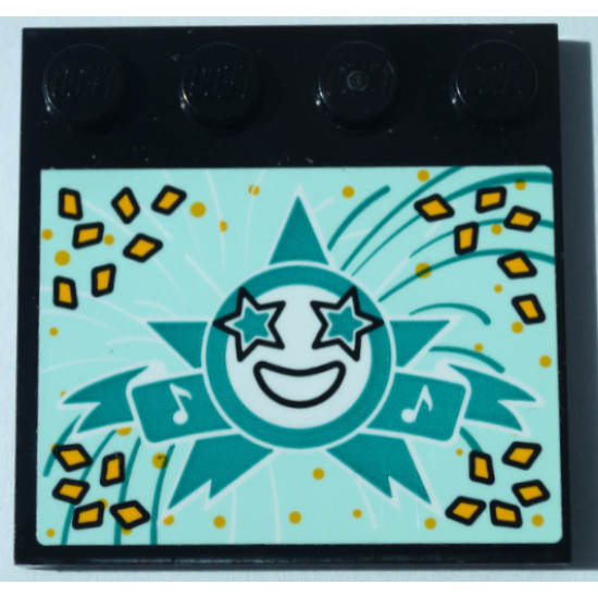 Tile, Modified 4 x 4 with Studs on Edge with Happy Face, Dark Turquoise Stars and Bright Light Orange Diamonds on Light Aqua Background Pattern (Sticker) - Set 41368