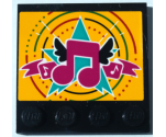Tile, Modified 4 x 4 with Studs on Edge with Magenta Music Notes with Black Wings and Dark Turquoise Star on Bright Light Orange Background Pattern (Sticker) - Set 41368