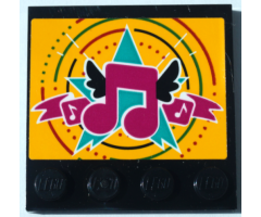 Tile, Modified 4 x 4 with Studs on Edge with Magenta Music Notes with Black Wings and Dark Turquoise Star on Bright Light Orange Background Pattern (Sticker) - Set 41368