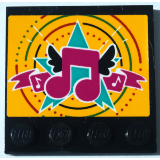 Tile, Modified 4 x 4 with Studs on Edge with Magenta Music Notes with Black Wings and Dark Turquoise Star on Bright Light Orange Background Pattern (Sticker) - Set 41368