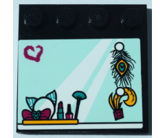 Tile, Modified 4 x 4 with Studs on Edge with Light Aqua Mirror, Magenta Heart, Peacock Feathers and Makeup on Shelf Pattern (Sticker) - Set 41368