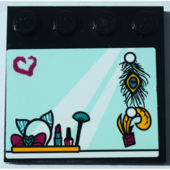 Tile, Modified 4 x 4 with Studs on Edge with Light Aqua Mirror, Magenta Heart, Peacock Feathers and Makeup on Shelf Pattern (Sticker) - Set 41368