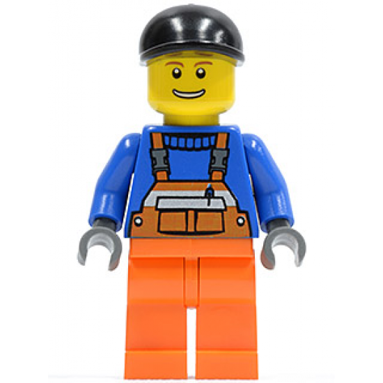 Overalls with Safety Stripe Orange, Orange Legs, Black Short Bill Cap, Brown Eyebrows and Open Smile