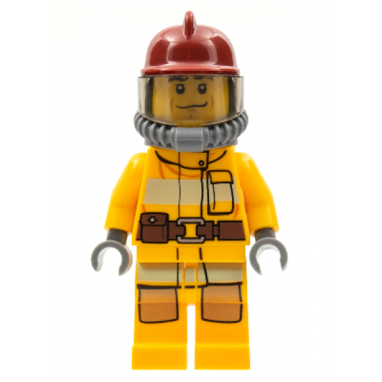 Fire - Bright Light Orange Fire Suit with Utility Belt, Dark Red Fire Helmet, Yellow Air Tanks, Black Eyebrows, Chin Dimple