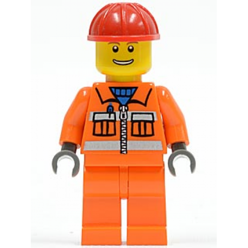 Construction Worker - Orange Zipper, Safety Stripes, Orange Arms, Orange Legs, Red Construction Helmet, Eyebrows, Thin Grin with Teeth