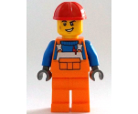 Construction Worker - Male, Orange Overalls with Reflective Stripe and Buckles over Blue Shirt, Orange Legs, Red Construction Helmet