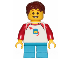 Boy, Freckles, Classic Space Shirt with Red Sleeves, Dark Azure Short Legs, Reddish Brown Hair Short Tousled with Side Part