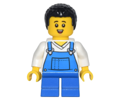 Farmer - Boy, Blue Overalls over V-Neck Shirt, Blue Short Legs, Black Coiled Hair, Freckles and Small Open Smile