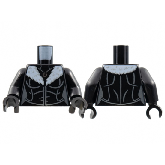 Torso Female, Silver Pendant, White Fur Collar, Dark Bluish Gray Contour Lines Pattern / Black Arms / Black Hands