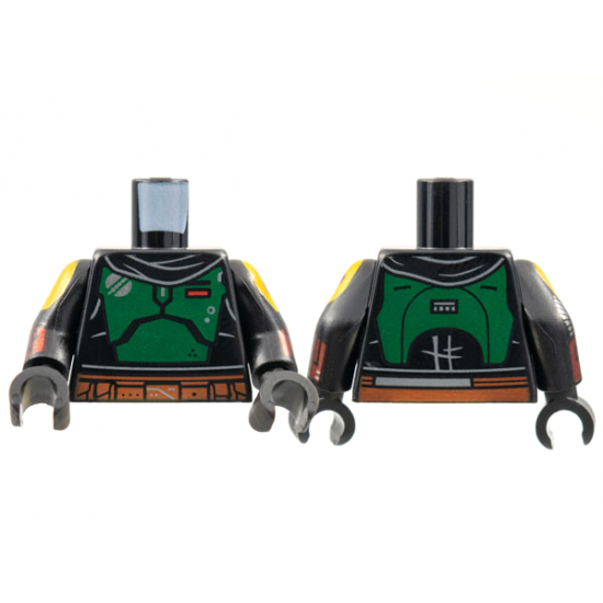 Torso SW Armor, Black Scarf, Green Breastplate, Dark Orange Belt Pattern / Black Arms with Mandalorian Armor Pattern / Black Hands
