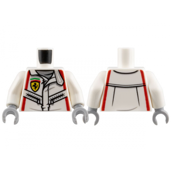 Torso Race Suit with Ferrari Logo, Black Zippers, Red Stripes Pattern / White Arms / Light Bluish Gray Hands