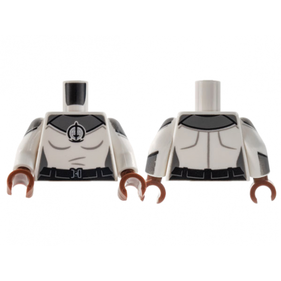 Torso Female, Dark Bluish Gray Shoulders, SWORD Logo Pattern / White Arms with Dark Bluish Gray Shoulder and Cuff Pattern / Reddish Brown Hands