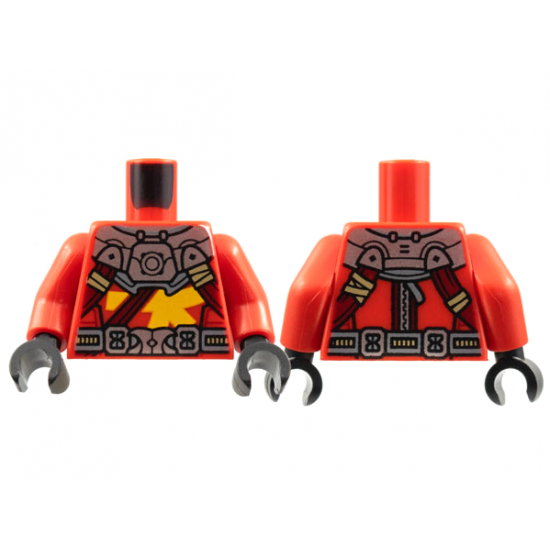 Torso Silver Armor and Buckle, Dark Red Straps, Bright Light Orange Bars Pattern / Red Arms / Black Hands