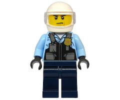 Police - City Motorcyclist, Safety Vest with Police Badge, Dark Blue Legs, White Helmet, Trans-Clear Visor