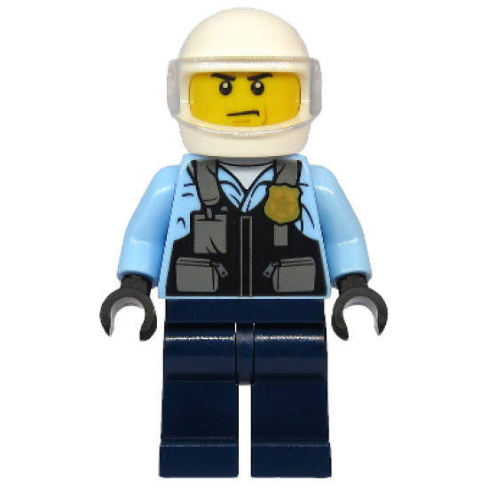 Police - City Motorcyclist, Safety Vest with Police Badge, Dark Blue Legs, White Helmet, Trans-Clear Visor