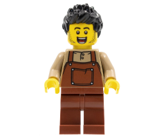 Man, Black Spiky Hair, Dark Tan Shirt, Reddish Brown Overalls and Legs