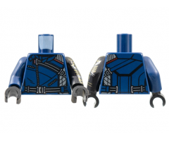 Torso Jacket Black Strap, Zippers, and Belt Pattern / Black Arm Left with Gold and Silver Circuitry Pattern / Dark Blue Arm Right / Black Hands