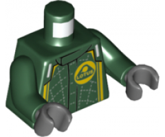 Torso Race Suit with Lotus Logo, Silver Stitching, Yellow Stripes Pattern / Dark Green Arms / Dark Bluish Gray Hands