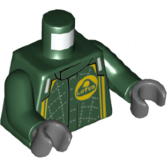 Torso Race Suit with Lotus Logo, Silver Stitching, Yellow Stripes Pattern / Dark Green Arms / Dark Bluish Gray Hands