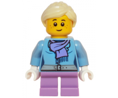 Medium Blue Jacket with Light Purple Scarf, Medium Lavender Short Legs, Bright Light Yellow Ponytail and Swept Sideways Fringe