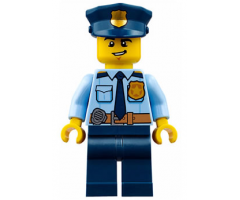 Police - City Shirt with Dark Blue Tie and Gold Badge, Dark Tan Belt with Radio, Dark Blue Legs, Police Hat with Gold Badge, Lopsided Grin