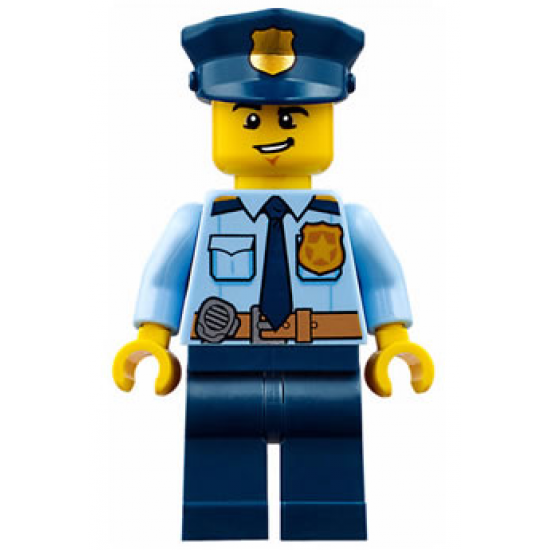 Police - City Shirt with Dark Blue Tie and Gold Badge, Dark Tan Belt with Radio, Dark Blue Legs, Police Hat with Gold Badge, Lopsided Grin