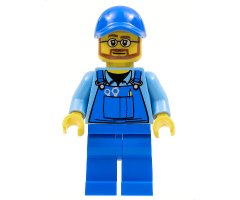 Overalls with Tools in Pocket Blue, Blue Cap with Hole, Beard and Glasses