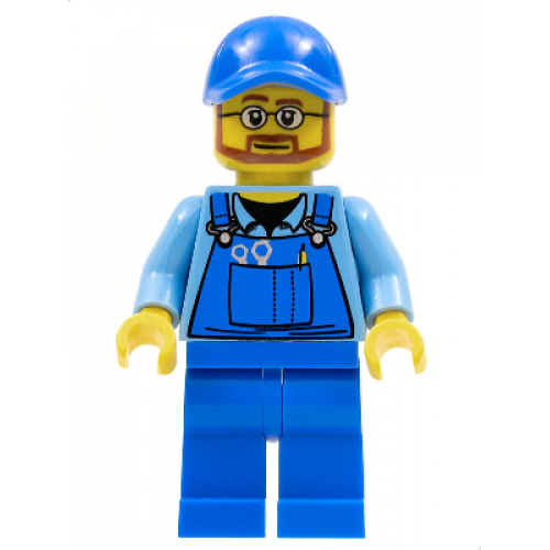 Overalls with Tools in Pocket Blue, Blue Cap with Hole, Beard and Glasses