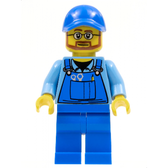 Overalls with Tools in Pocket Blue, Blue Cap with Hole, Beard and Glasses