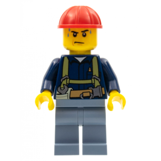 Construction Worker - Shirt with Harness and Wrench, Sand Blue Legs, Red Construction Helmet, Sweat Drops