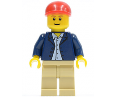 Dark Blue Jacket, Light Blue Shirt, Tan Legs, Red Short Bill Cap