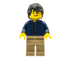 Plaid Button Shirt, Dark Tan Legs, Black Tousled Hair, Lopsided Grin, Chin Dimple