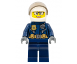 Police - City Motorcyclist Female, Leather Jacket with Gold Badge and Utility Belt, White Helmet, Trans-Black Visor, Glasses, and Open Mouth Smile