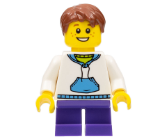 White Hoodie with Blue Pockets, Dark Purple Short Legs, Reddish Brown Hair