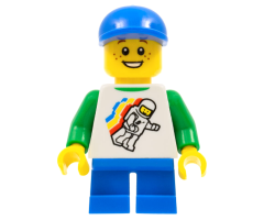Classic Space Minifigure Floating Pattern, Blue Short Legs, Blue Short Bill Cap