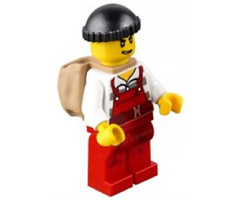 Police - City Bandit Male with Red Overalls, Black Knit Cap, Backpack, Lopsided Open Smile