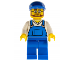 Overalls Blue over V-Neck Shirt, Blue Legs, Blue Short Bill Cap, Beard and Glasses