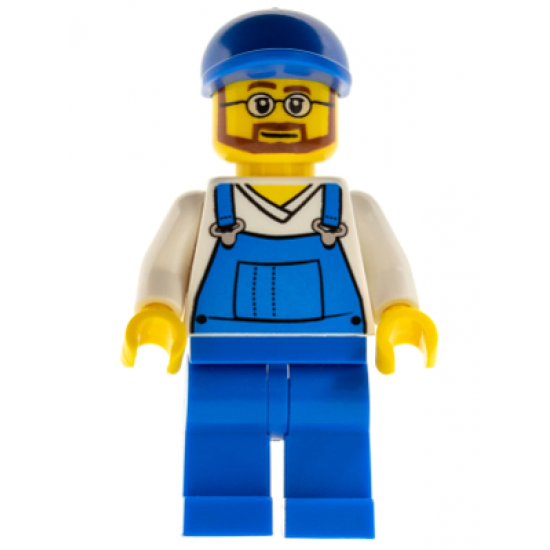 Overalls Blue over V-Neck Shirt, Blue Legs, Blue Short Bill Cap, Beard and Glasses