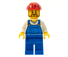 Overalls Blue over V-Neck Shirt, Blue Legs, Red Construction Helmet, Beard