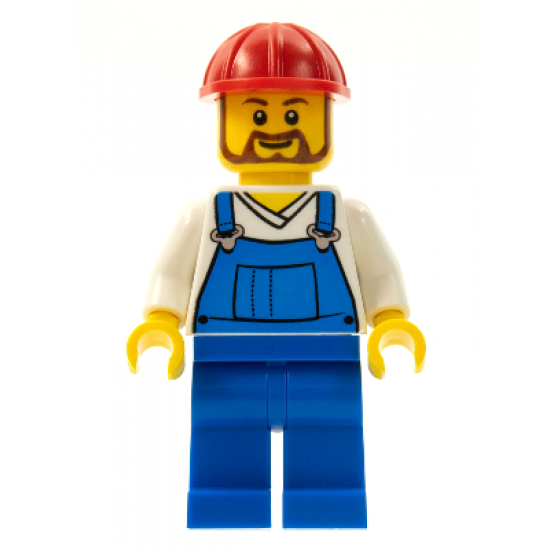 Overalls Blue over V-Neck Shirt, Blue Legs, Red Construction Helmet, Beard